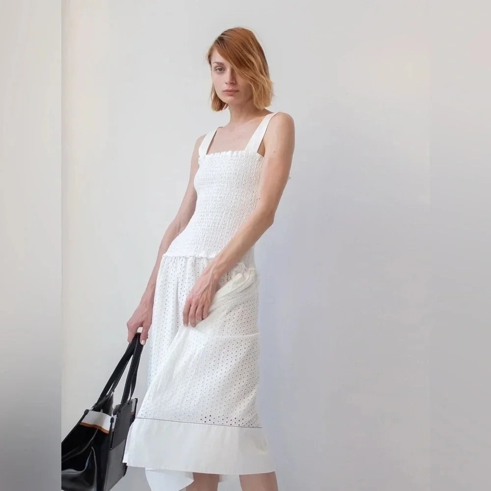 Proenza Schouler White Label Eyelet Broderie Anglaise Smocked Drop Waist Dress‎